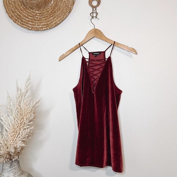 Express Velvet Lace Up Halter Tank Blouse Red Velour Size Small - Picture 1 of 6
